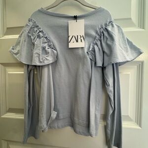 Zara Soft Blue Ruffle Sleeve Blouse